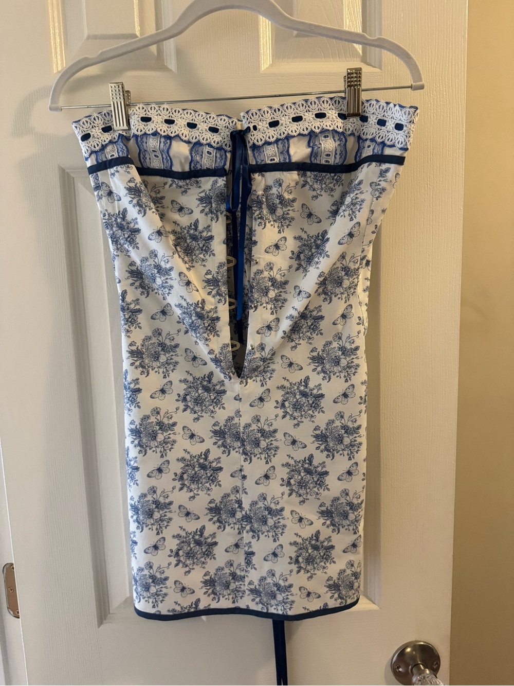 With Jean White and Blue Floral Strapless Dress